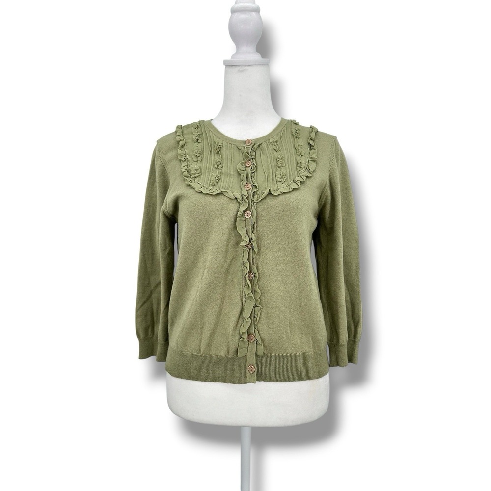 Cynthia Steffe Olive Green Ruffle Cardigan M Knit Button Front Boho Cottage